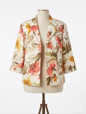 Alfred Dunner Cream Floral Open-Front Blazer with Pink & Orange Blooms Size 22W